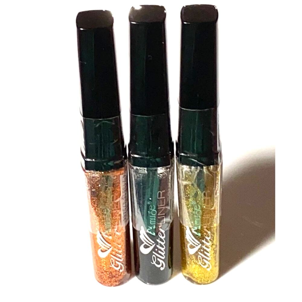NEW Lot (3) Amuse GLITTER EYELINER Liquid Gold Black Copper Orange Tubes 0.25 Oz